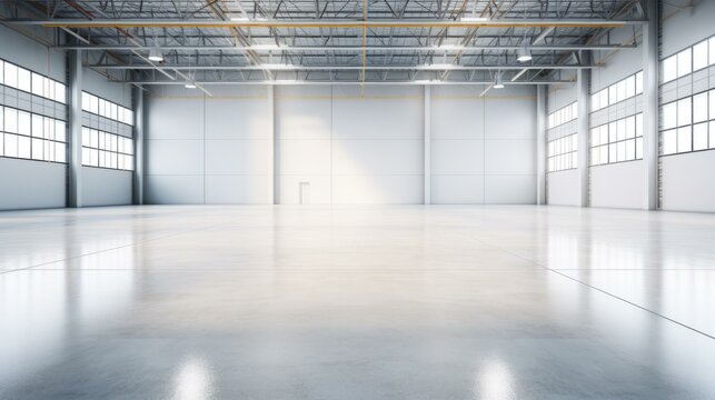 b'Large empty warehouse with shiny concrete floor and large windows'