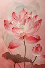 b'Pink lotus flower with green leaves on a pink background'