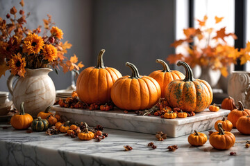 Decorative pumpkins, fall decorations for Thanksgiving Day, generative AI.