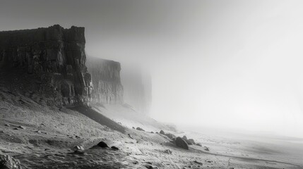 b'Black and white photo of a rocky cliff face shrouded in mist'