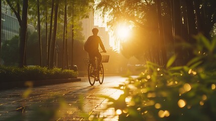 A cyclist riding a bamboo bicycle through a city park in the early morning
