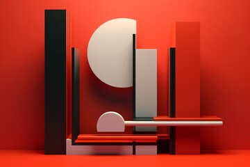 Modern abstract geometric shapes on a red background, showcasing a mix of circles and rectangles