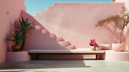 b'A beautiful pink courtyard with a bench, plants, and flowers'