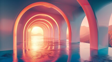 Futuristic tunnel with arches and sunset