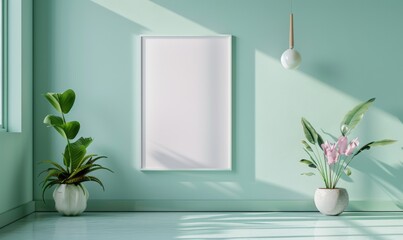 A blank image frame mockup on a dusty mint green wall