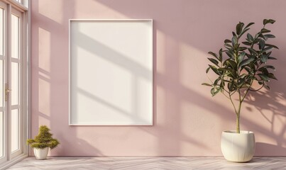 A blank image frame mockup on a dusty rose wall