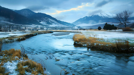 This is a beautiful landscape photo of a river flowing through a snowy valley. The mountains in the background are covered in snow. - obrazy, fototapety, plakaty