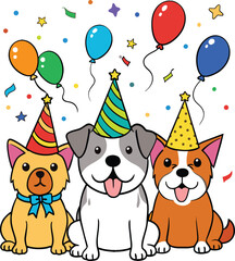 Fototapeta na wymiar Cute dogs with party hats, balloons and confetti. Vector illustration.