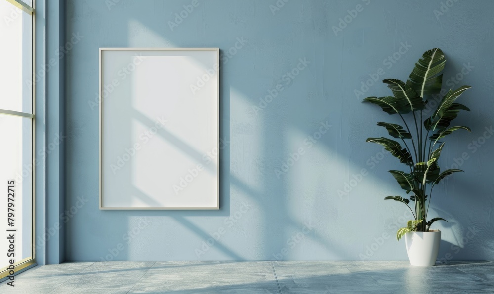 Wall mural A blank image frame mockup on a pale gray-blue wall in a minimalistic modern interior room