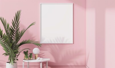 A blank image frame mockup on a pale blush pink wall