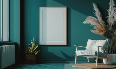 A blank image frame mockup on a muted teal green wall