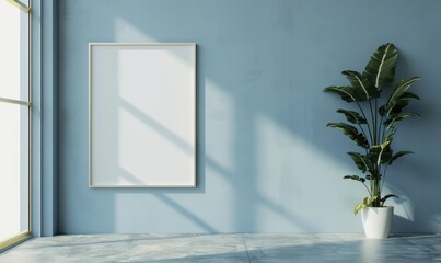 A blank image frame mockup on a pale gray-blue wall in a minimalistic modern interior room