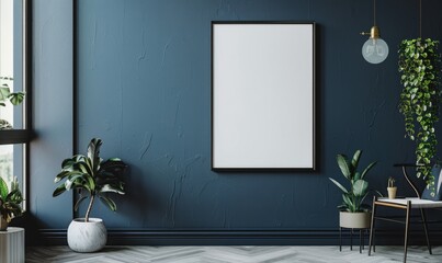 A blank image frame mockup on a slate blue wall