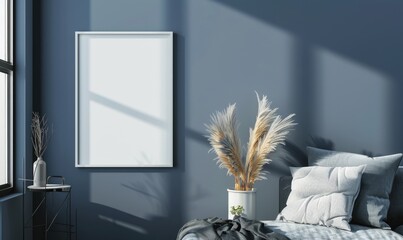 A blank image frame mockup on a slate blue wall