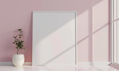 A blank image frame mockup on a soft blush pink wall in a minimalistic modern interior room