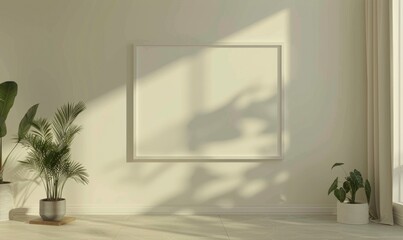 A blank image frame mockup on a soft ivory wall in a minimalistic modern interior room