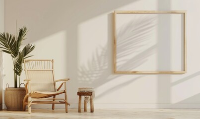 A blank image frame mockup on a soft ivory wall in a minimalistic modern interior room