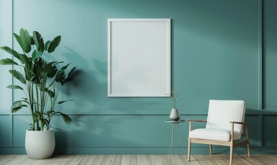 A blank image frame mockup on a teal wall