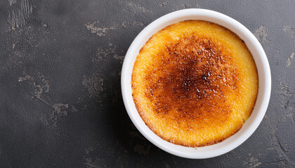 Close-up of creme brulee in white bowl. Delicious dessert. Tasty and sweet food. Top view