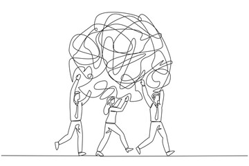 Single continuous line drawing group of businessmen and businesswomen work together carrying heavy messy circle. Eliminates excess anxiety. Reduce stress together. One line design vector illustration