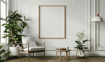A blank image frame mockup on a white wall in a minimalistic modern interior room