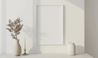 A blank image frame mockup on a white wall in a minimalistic modern interior room