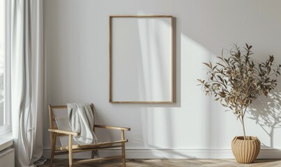 A blank image frame mockup on a white wall in a minimalistic modern interior room