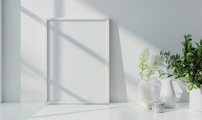 Fototapeta premium A blank image frame mockup on a white wall in a minimalistic modern interior room