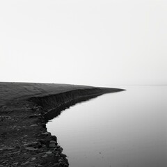 b'Black and white photo of a curved shoreline'