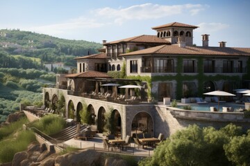 b'A luxurious villa with a beautiful view of the surrounding hills and a large swimming pool'