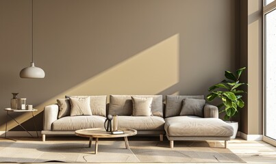 A cozy minimalistic modern interior with warm beige walls