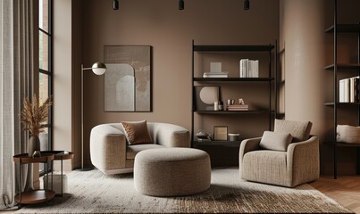 A cozy minimalistic modern interior with warm beige walls