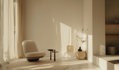 A serene minimalistic modern interior room with pale beige walls