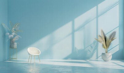 A serene minimalistic modern interior room with light blue walls