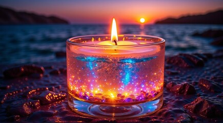 Burning candle on seascape background