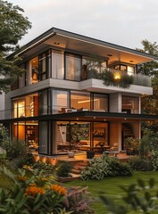 b'Modern House Exterior Design with Large Glass Windows and Green Backyard'