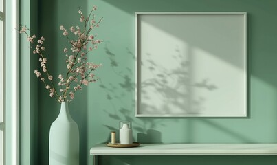 blank image frame mockup on a sage green wall