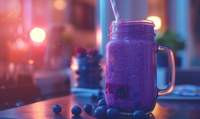 Blueberry smoothie in a mason jar, refreshing beverage - Powered by Adobe