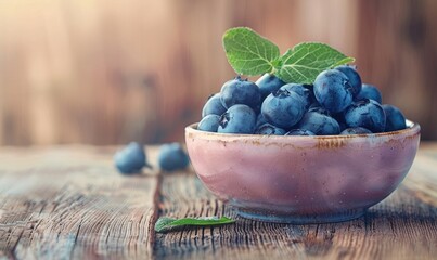 Bowl of fresh blueberries on a rustic wooden table - Powered by Adobe