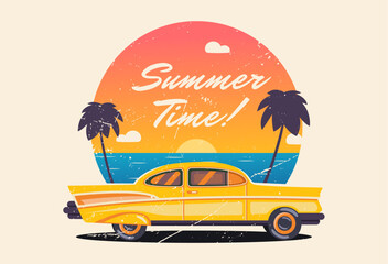 retro car on the background of a summer landscape. Beach holiday in nature in the summer. Vector illustration