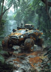 The futuristic armored vehicle rides through the jungle