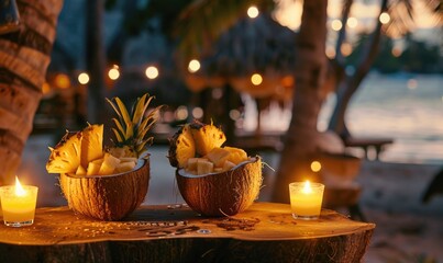 Refreshing fruit cocktails served in coconut shells with pineapple wedges