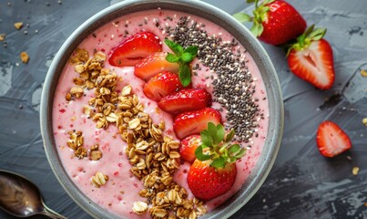 Strawberry smoothie bowl topped with granola and chia seeds