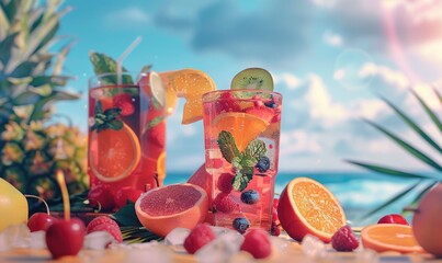 Vibrant fruit cocktails on a tropical beach setting