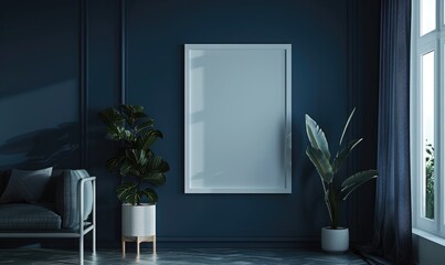 A blank image frame mockup on a dark blue