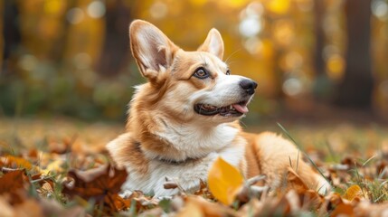 b'A cute corgi dog lying in the autumn leaves'