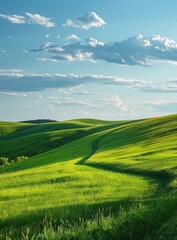 b'Green rolling hills under blue sky with white clouds'