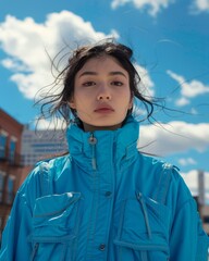 b'Portrait of a young woman in a blue jacket standing on a rooftop'