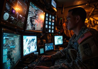b'A soldier monitors multiple computer screens displaying maps and data.'