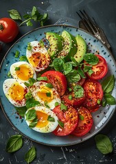 b'Healthy and tasty breakfast or lunch with avocado, tomato and egg'